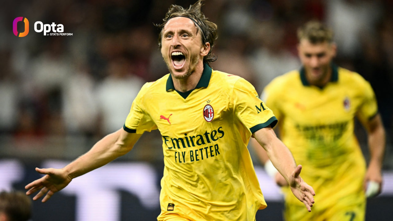 لوکا مودریچ پس از اولین گلش برای میلان در سری آ مقابل بولونیا