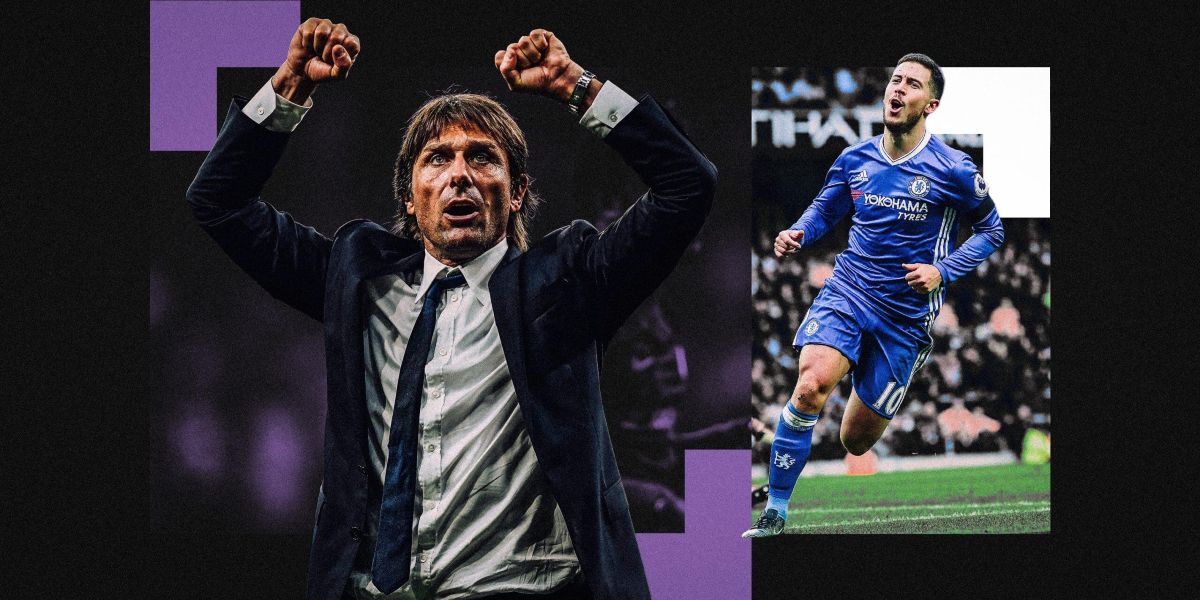 تصویری از آنتونیو کونته در زمان هدایت چلسی و همچنین ادن هازارد، وینگر بلژیکی سابق چلسی