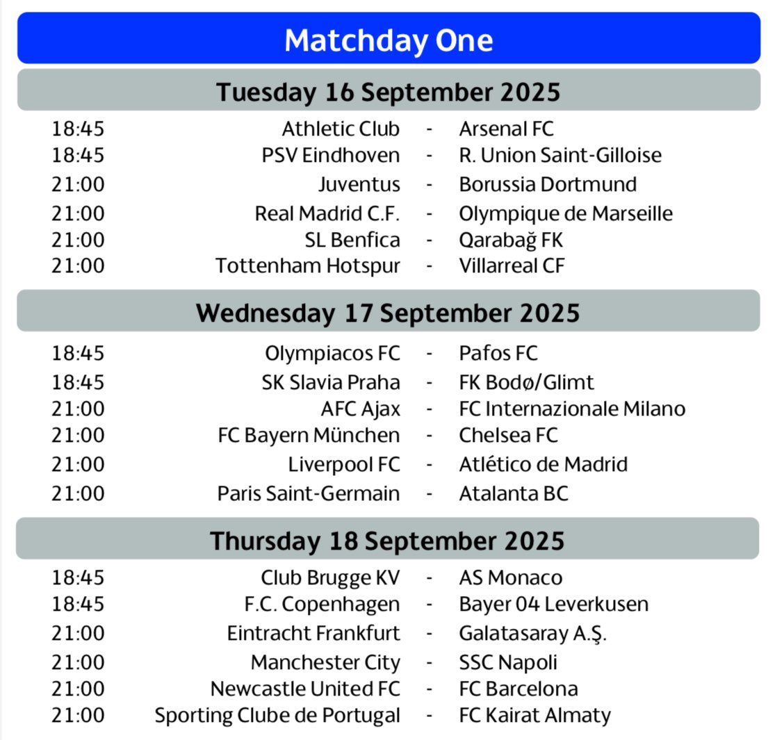 تقویم لیگ قهرمانان اروپا - فاز لیگ فصل ۲۶-۲۰۲۵