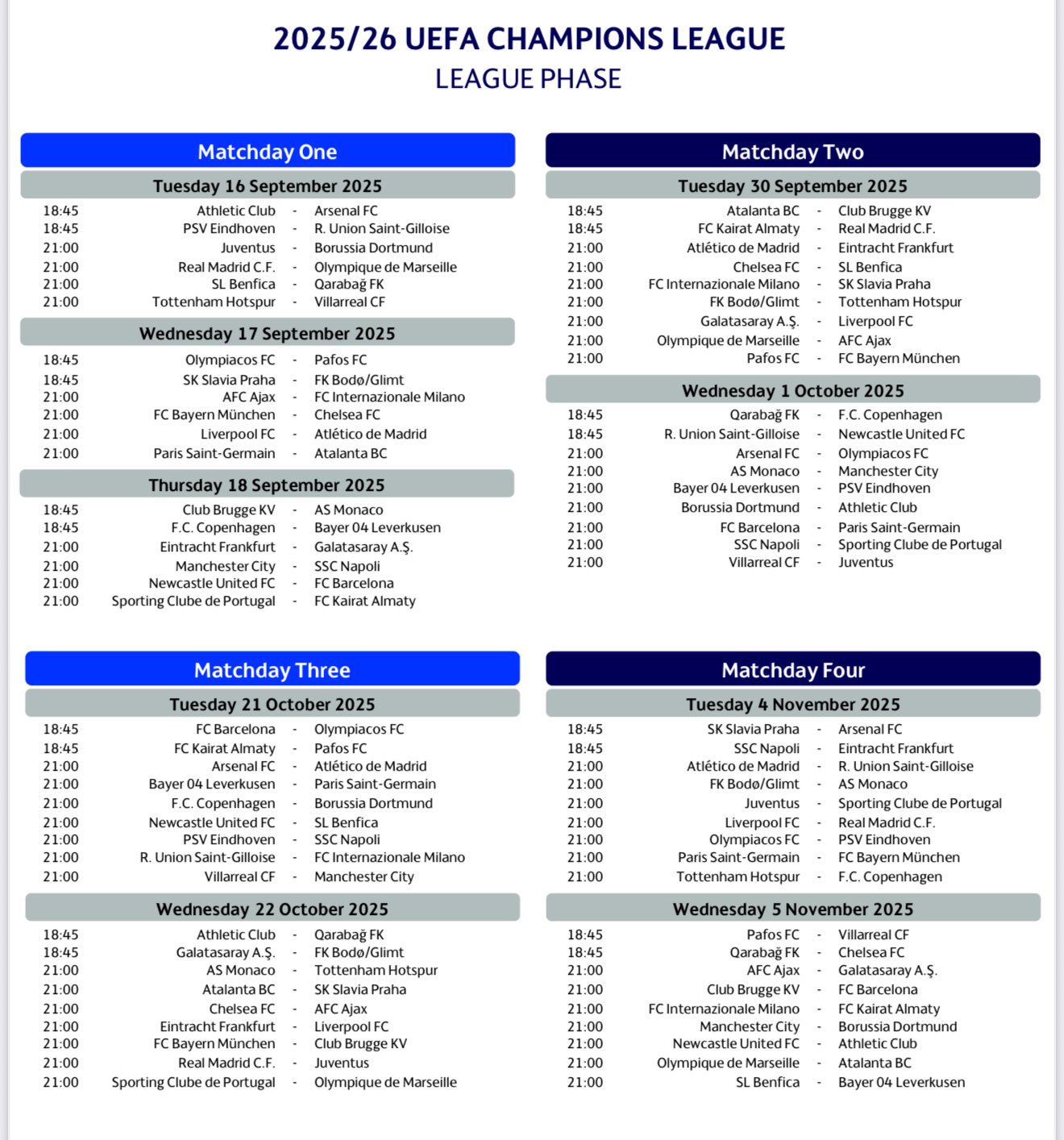 تقویم لیگ قهرمانان اروپا - فاز لیگ فصل ۲۶-۲۰۲۵