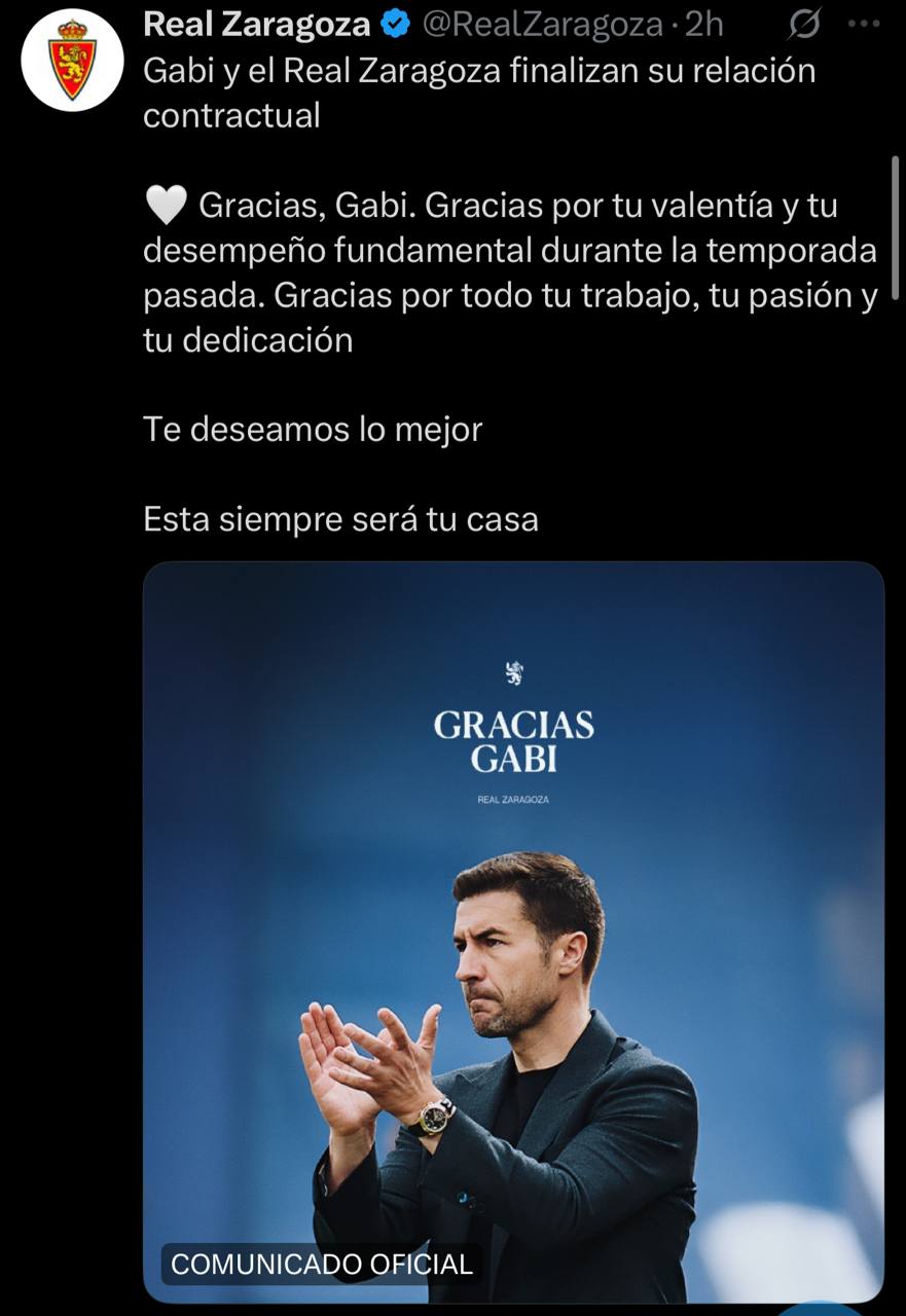 اخراج گابی از سرمربی‌گری رئال ساراگوسا