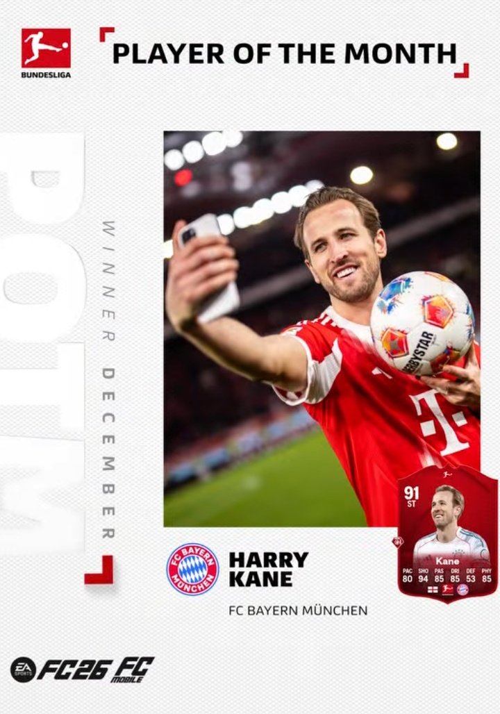 هری کین - بایرن مونیخ - بهترین بازیکن ماه دسامبر ۲۰۲۵ بوندسلیگا