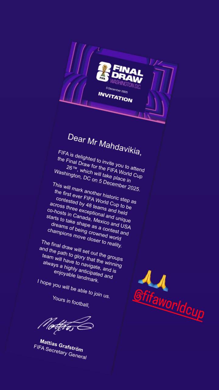 عکس از استوری مهدی مهدوی کیا از دعوت فیفا از وی برای قرعه‌کشی جام جهانی ۲۰۲۶