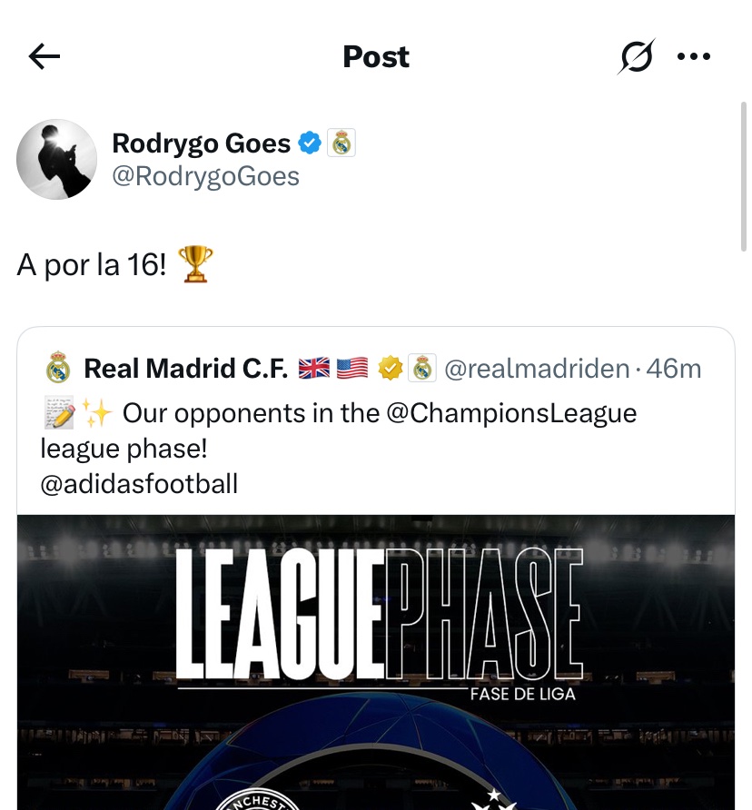 توییت معنادار رودریگو پس از قرعه رئال مادرید به لیگ قهرمانان اروپا 
